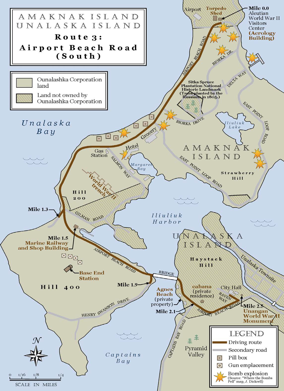 map of route from Amaknak Island to Unalaska Island highlighting 5 points along the way