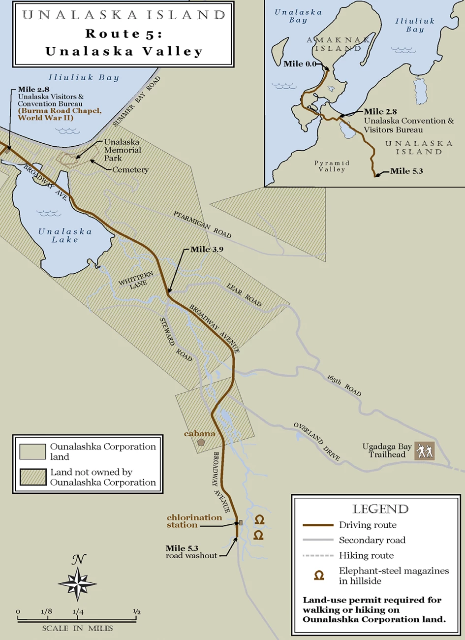 driving route map map of driving route from ocean into Unalaska Valley highlighting 4 sites