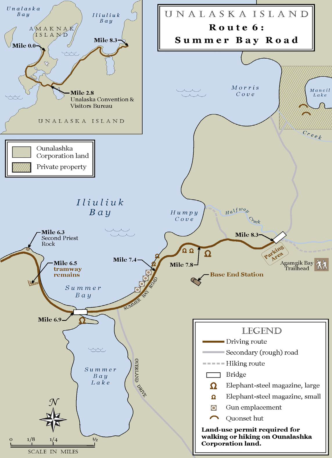 map showing route along Iliuliuk Bay with 5 sites along the way