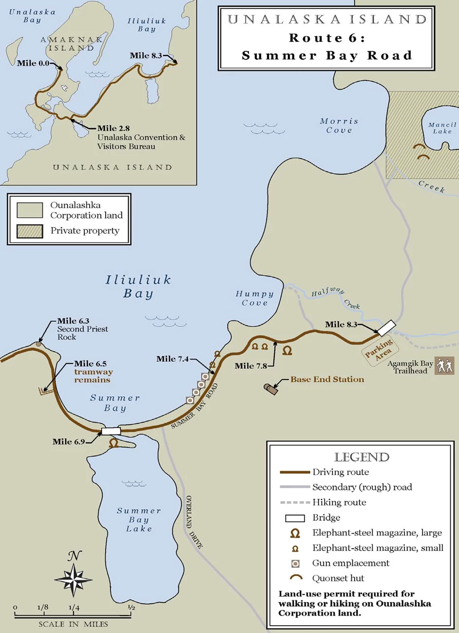 route map map showing route along Iliuliuk Bay with 5 sites along the way