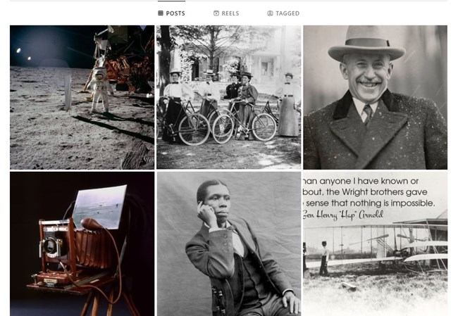 Dayton Aviation Heritage National Historical Park Instagram Feed. Six images appear on the feed. An astronaut, a person with a bicycle, Orville Wright, a camera, Paul Dunbar, and a plane with a quotation above it.