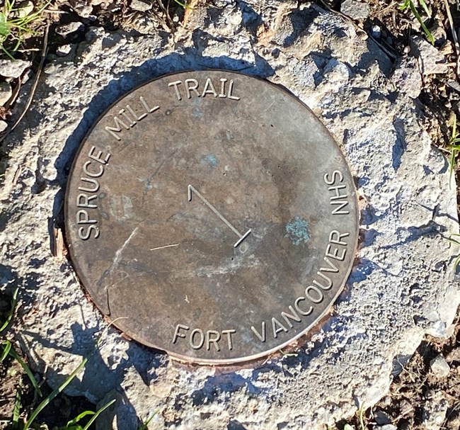 A round metal trail marker with the number 1 set into the ground.