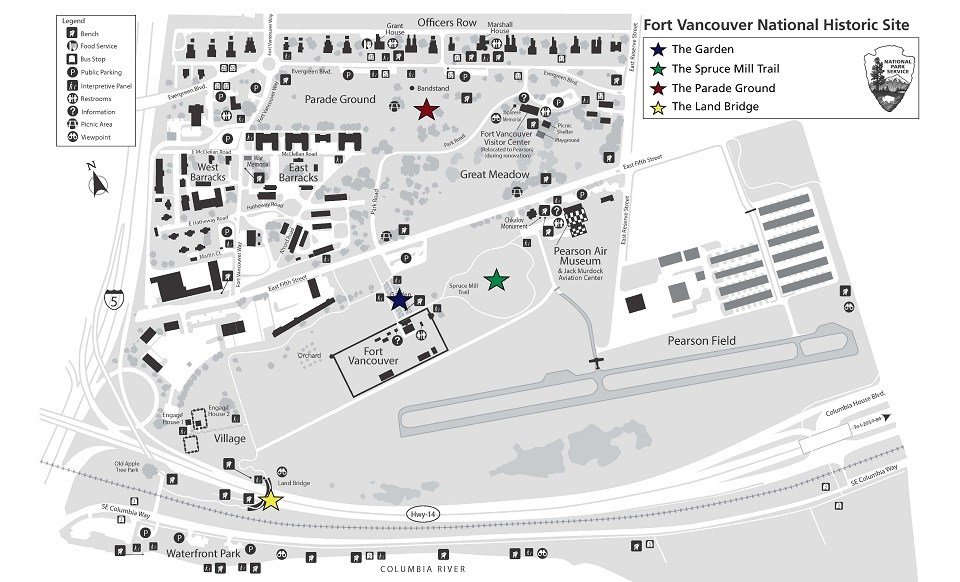 Sunrise and Sunset locations at Fort Vancouver NHS A map of Fort Vancouver National Historic Site. The Fort Vancouver Garden is marked with a blue star. The Spruce Mill Trail area is marked with a green star. The Parade Ground is marked with a red star. The Land Bridge is marked with a yellow star.