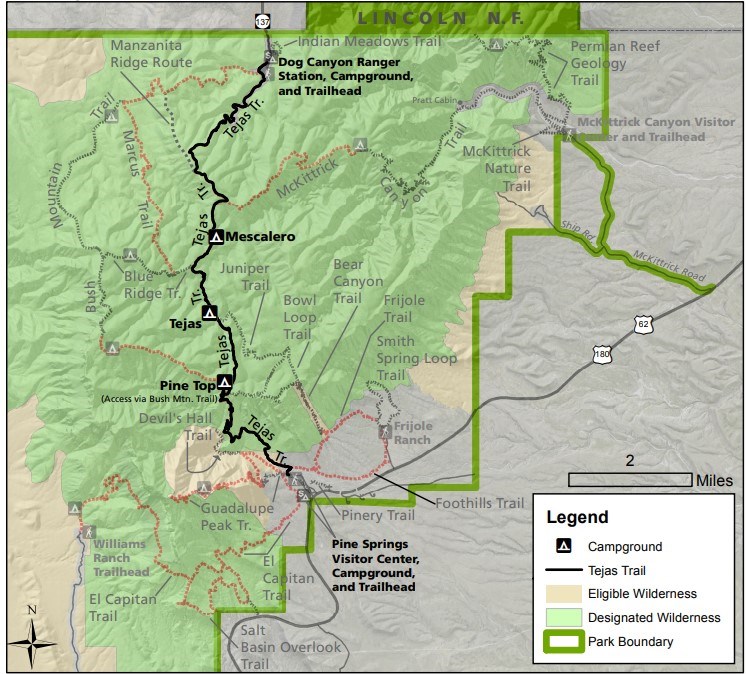 a topographic map showing the route of the Tejas Trail