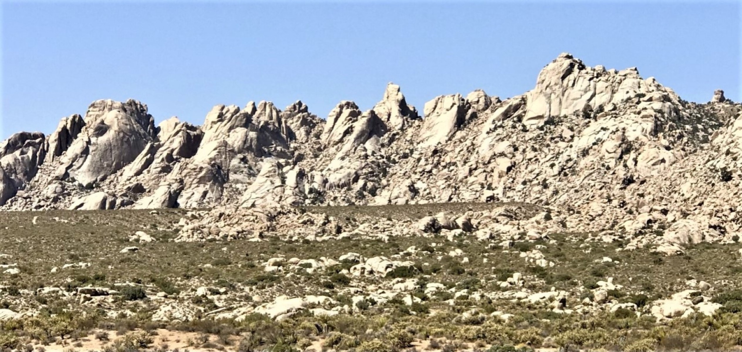 The rocky slopes of the Granite Mountains seen from the Boulders Viewpoint.  Creosote in the foreground.