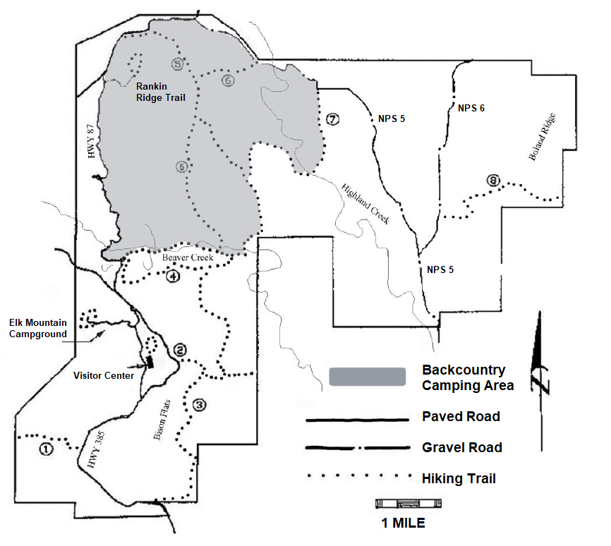 Wind Cave's backcountry a map of the park, the northwest corner is gray and marked for backcountry camping