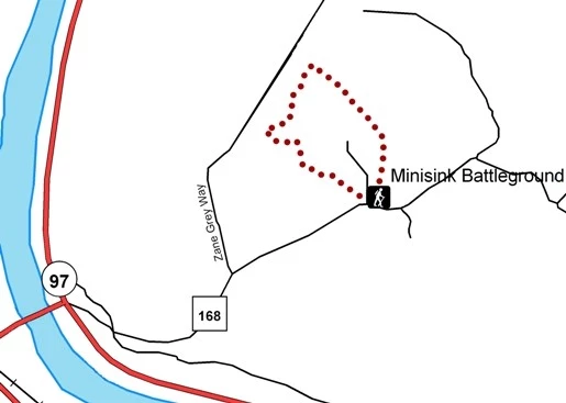 map of minisink battleground park trail loop. To reach trailhead from Route 97, turn onto Route 168 off of 97. 168 splits into 2 roads, Zane Grey Way on the left and an unmarked road on right. Go right and the Trailhead will be on this road. Trail is loop