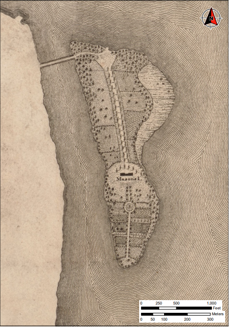 Robert King’s historical 1818 map of Washington, D.C. zoomed in on Theodore Roosevelt Island, labeled as Mason Island.