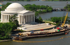 Jefferson memorial from the air with yellow construction crane and construction site out front