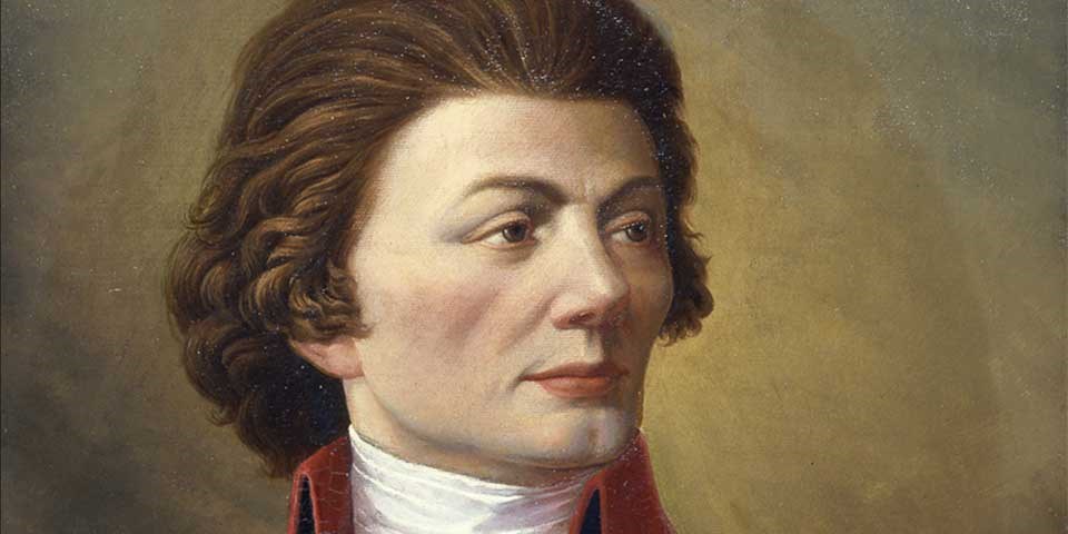 Detail of color portrait of Thaddeus Kosciuszko, showing his face and hair.
