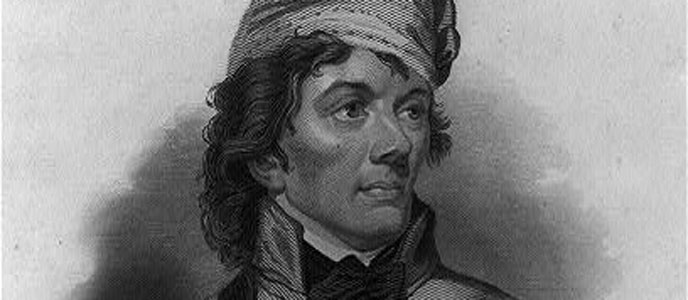 Black and white image, a detail of a print of Thaddeus Kosciuszko looking right, with a hat atop wavy hair. Black and white image, a detail of a print of Thaddeus Kosciuszko looking right, with a hat atop wavy hair.