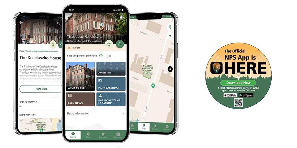 Three smartphones displaying screens from the National Park Service mobile app next to an image with a QR code.