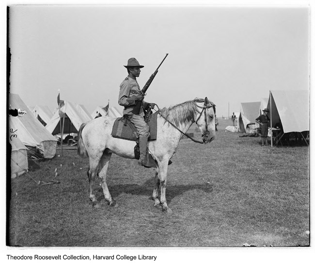 Profile image of Wm. Pollock, Pawnee Indian, on horseback wearing Rough Rider uniform