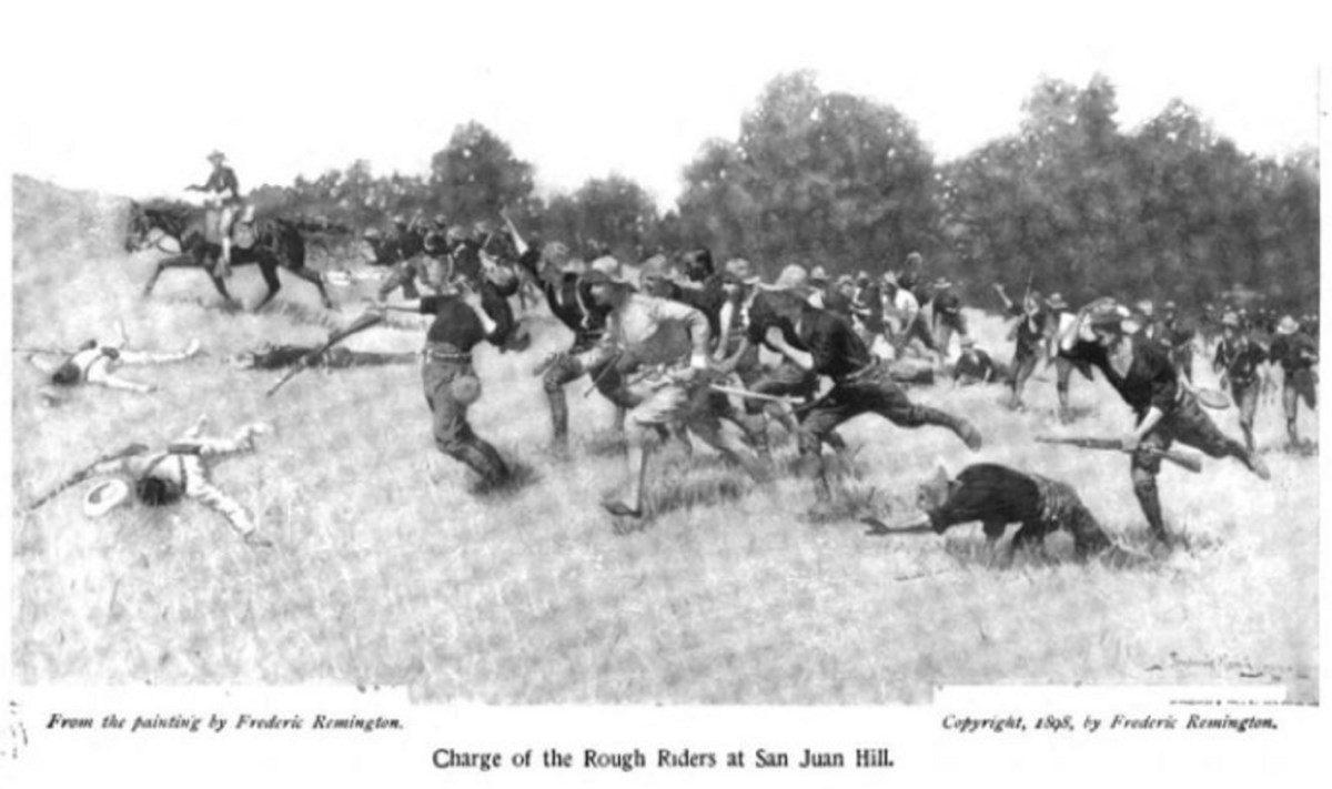 Black and white drawing by Remington depicting the Charge on San Juan Hill. Men are engaged in battle, some run foeward. Others have fallen.