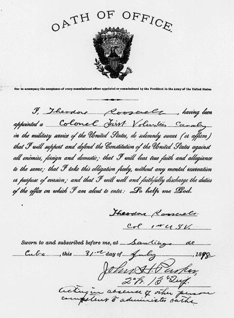 Black and white image of the original Oath of office that TR took when he was promoted to Colonel