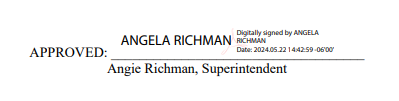CUA Signature Line from document CUA signature line with the words Approved: Angie Richman, digitally signed by Angela Richmond, January 25, 2024