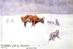 Painting depicting emaciated cow in winter