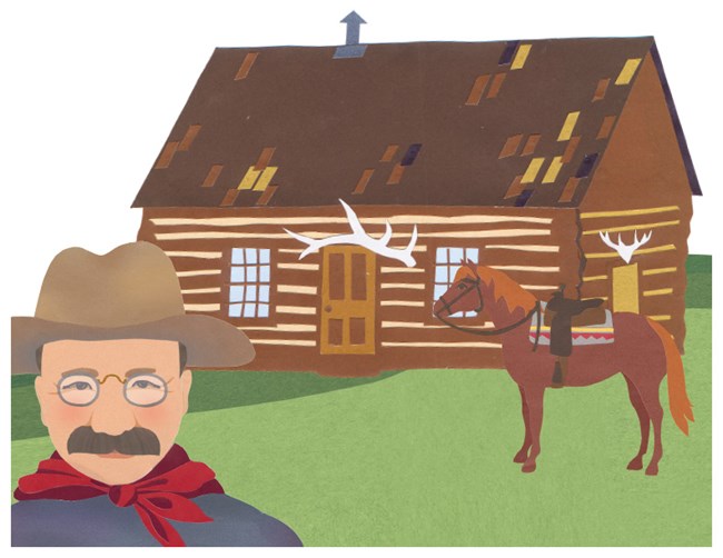 TR In the Badlands Activity Sheet Construction paper cutout of Theodore Roosevelt in front of a cabin, horse.