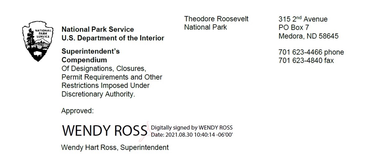 Signature of Wendy Ross, superintendent of Theodore Roosevelt National Park. Arrowhead logo and other text replicated below.
