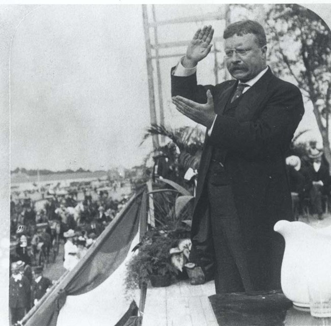 Theodore Roosevelt seen in a gesture typical of his speechmaking.