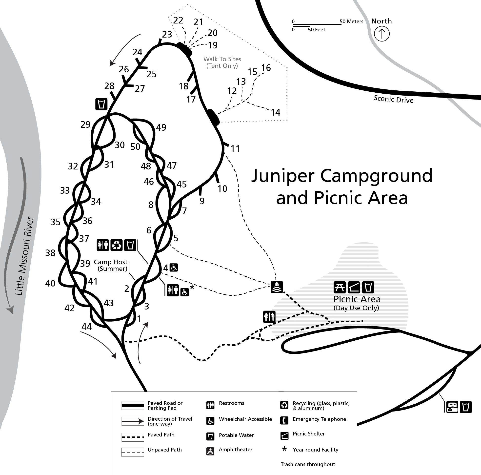 A line drawing map of a campground with 50 sites of various configurations and a picnic area