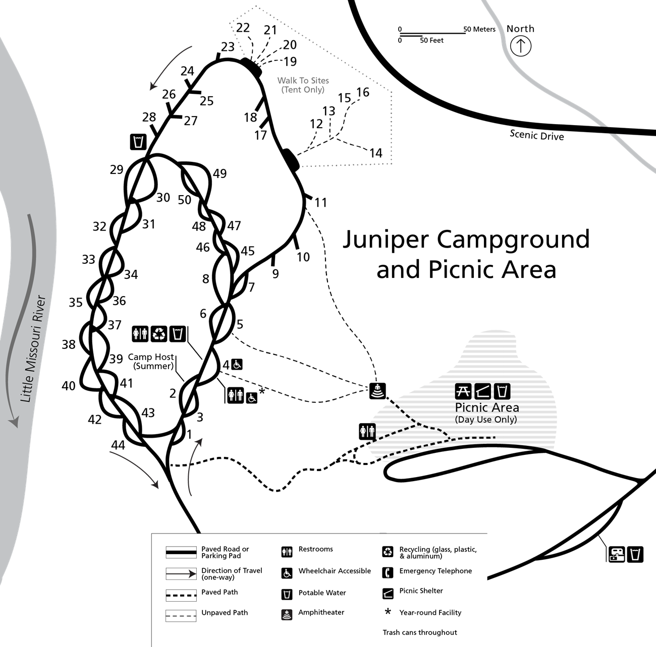 A line drawing map of a campground with 50 sites of various configurations and a picnic area