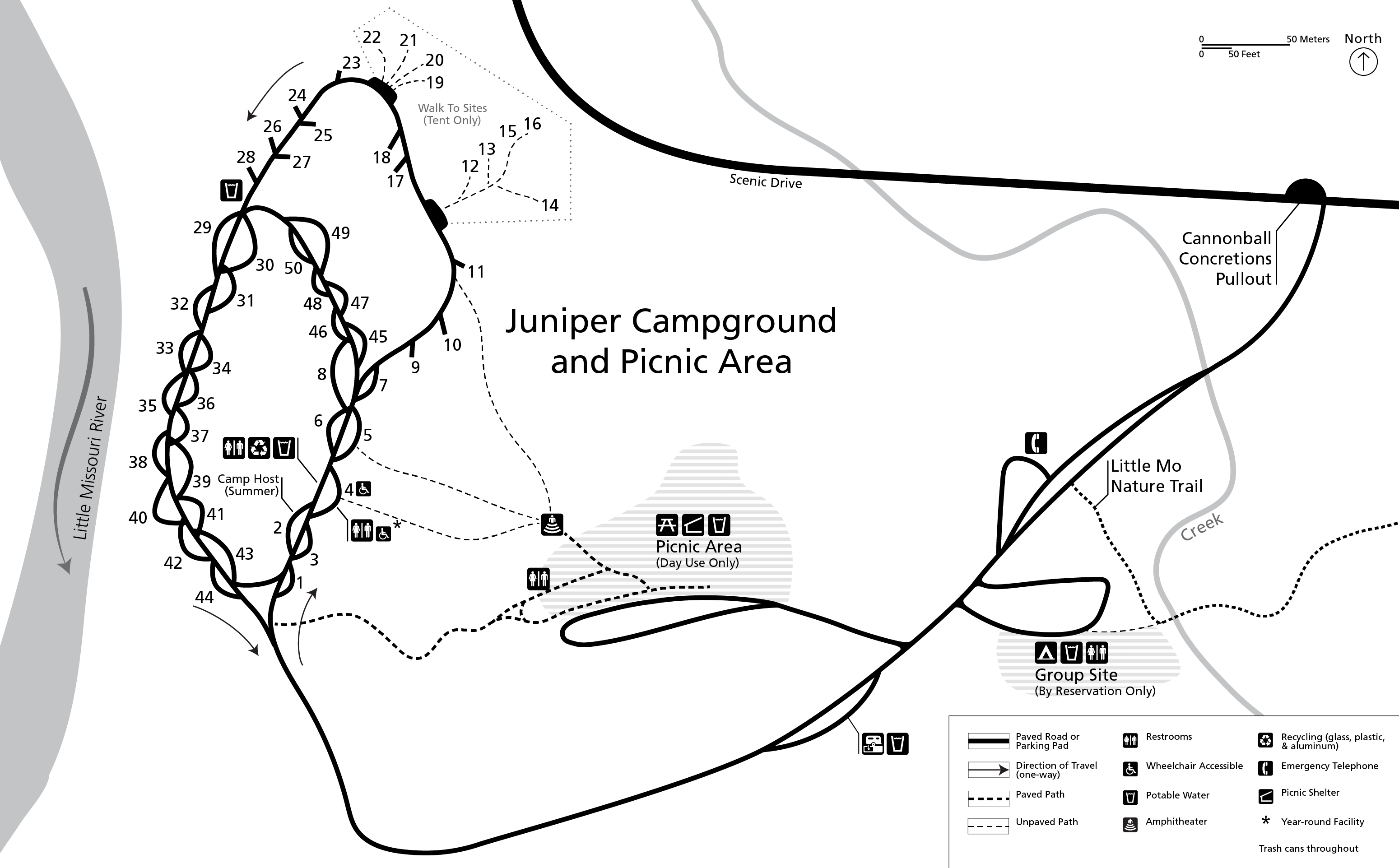 A line drawing map of a campground with two loops, a picnic area, and a group site