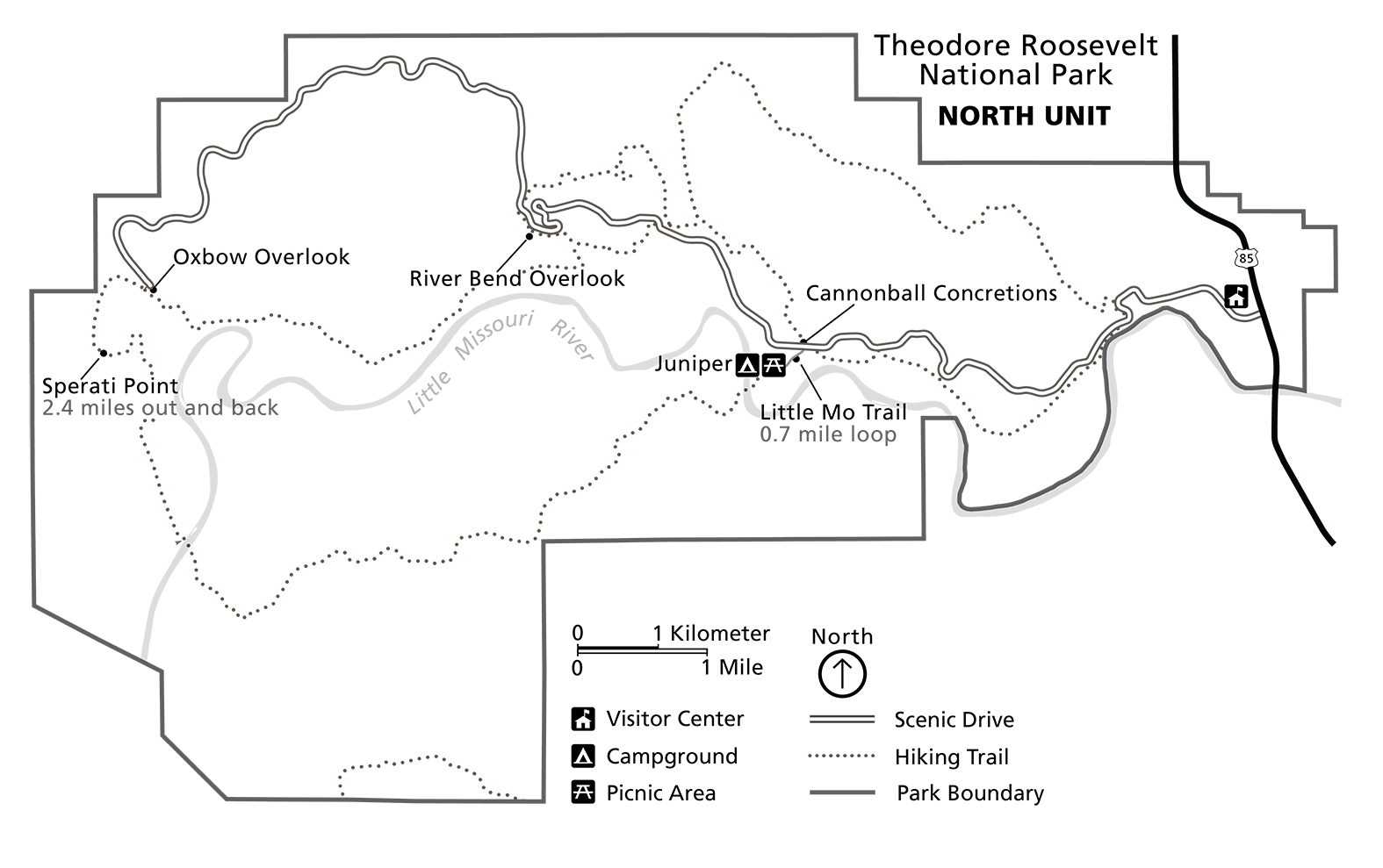A line drawing map showing the North Unit' s boundary, A scenic drive stretching from the east to the west, and numerous trails and overlooks