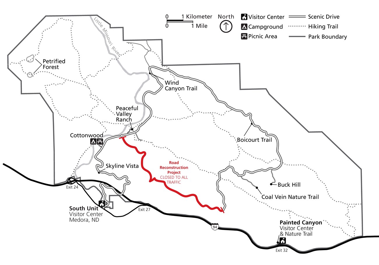 Map of TRNP South Unit road closure. More detailed descriptions are in text below.