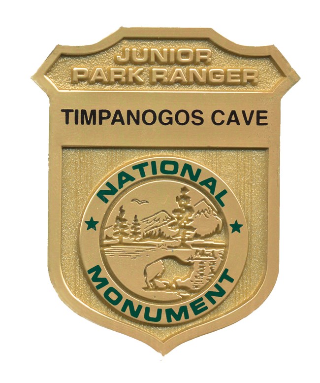 A gold Jr. Ranger Badge that says "JR. Park Ranger Timpanogos Cave National Monument