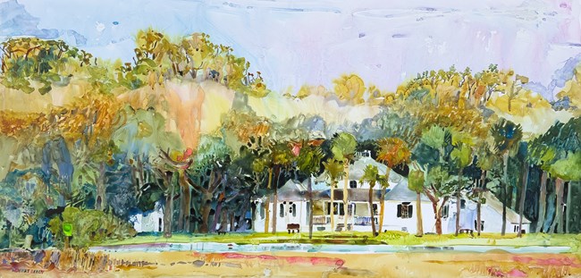 painting of planters house on fort George 2 story plantation building painted white