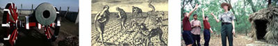 Cannon, historic drawing of Timucua, ranger with children at the reconstruced hut