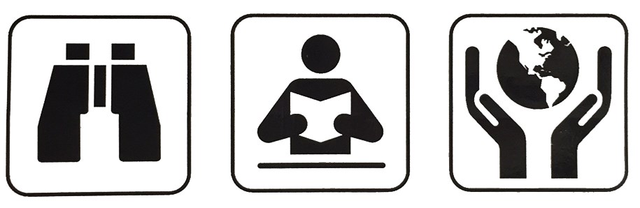 logo showing binoculars, someone reading and hands on the earth logo showing binoculars, someone reading and hands on the earth