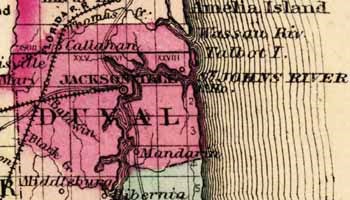 Historic 1863 map of Duval County and the St. Johns River. Pilot town is marked but not listed by name