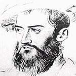 Sketch of Jean Ribault. Ribault has a beard and is wearing a hat