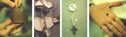Four images of items found through archaeology at Kingsley Plantation - a bottle, ceramics, a cross, a bead.