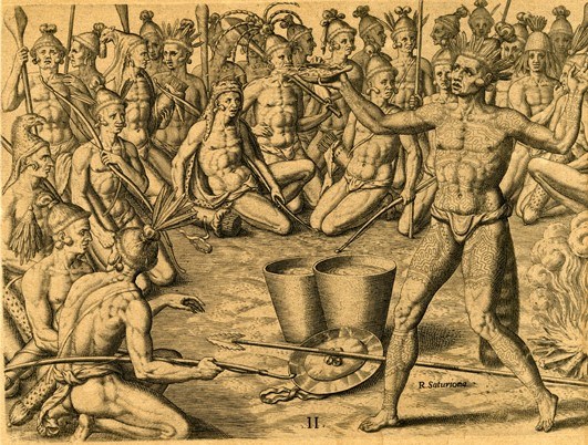 historic engraving showing Timucuan chief with arms outstretched surrounded by villagers