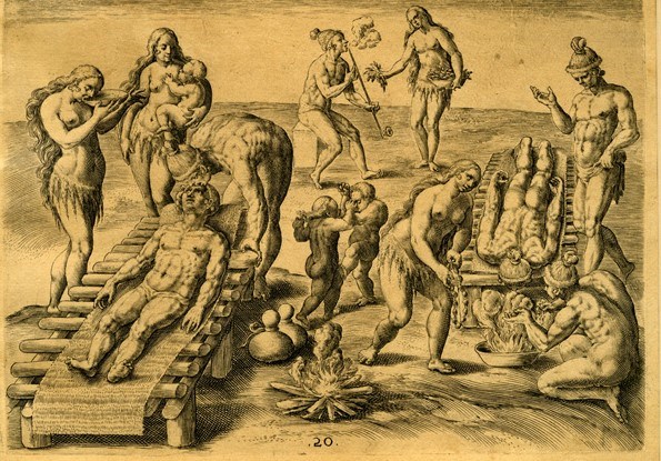 a historic engraving showing Timucua people treating the sick