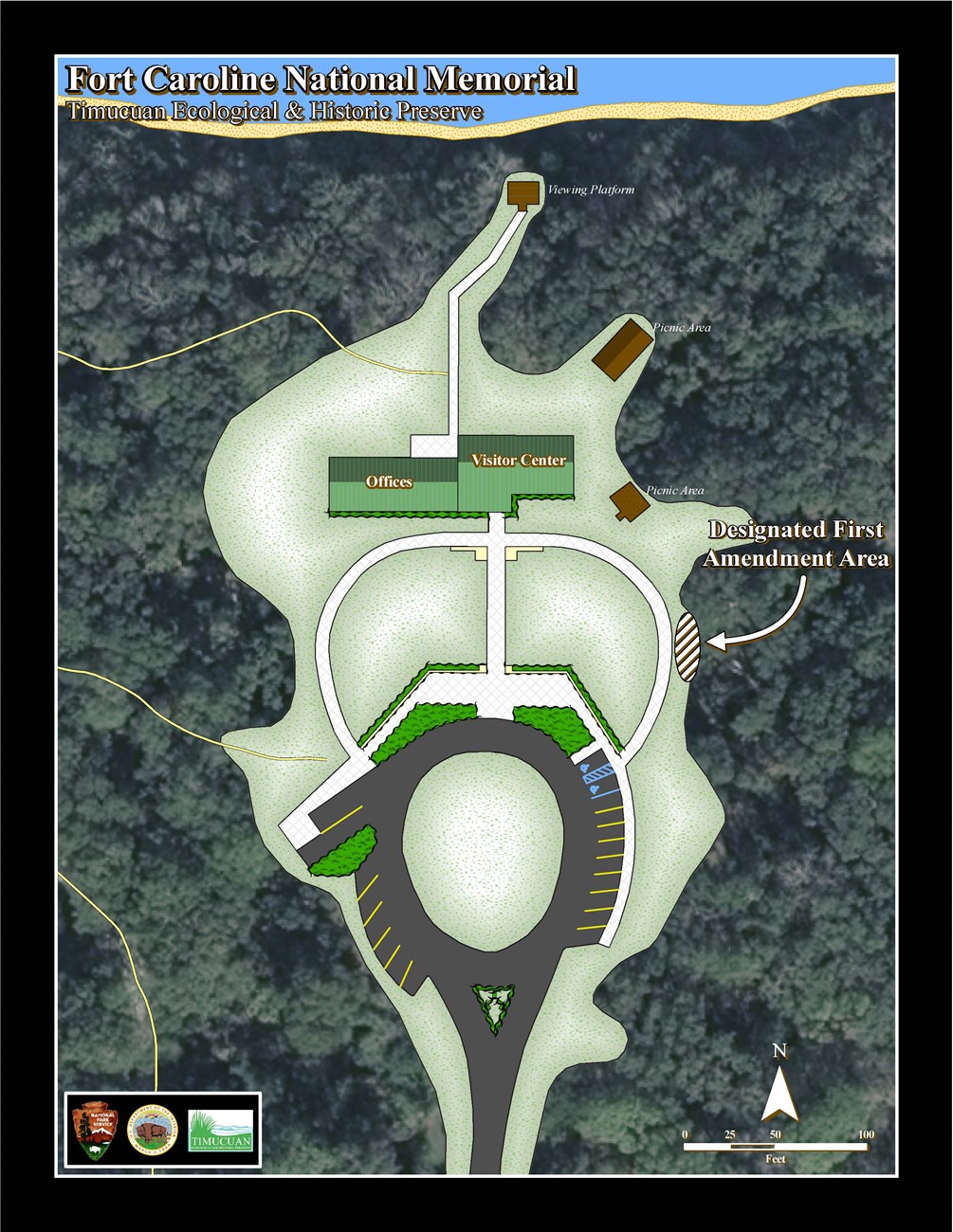 map designating the area for free speech expression to the right of the sidewalk leading to the visitor center