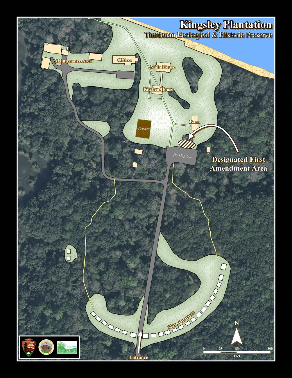 map of Kingsley Plantation designating a free speech area just north of the parking lot.