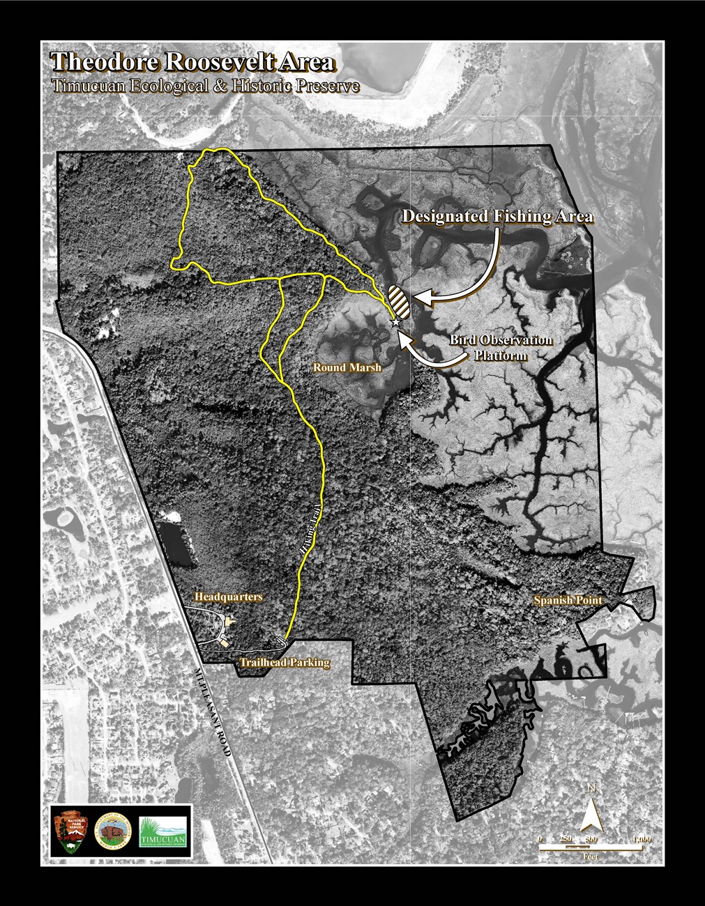 Map of the Theodore Roosevelt Area showing fishing is only allowed to the northeast of the trail leading to the bird observation platform.