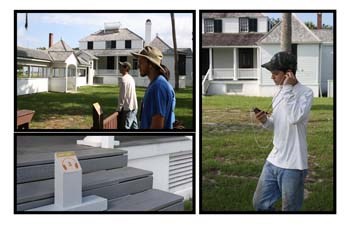 a three image layout with the audio tour sign, a group listening in front of the planters one and a single man in a white shirt listening