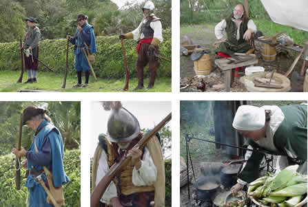 Collage of photographs from living history events at Fort Caroline