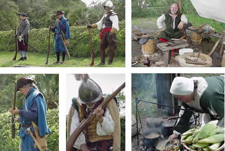 Collage of photographs from living history events at Fort Caroline