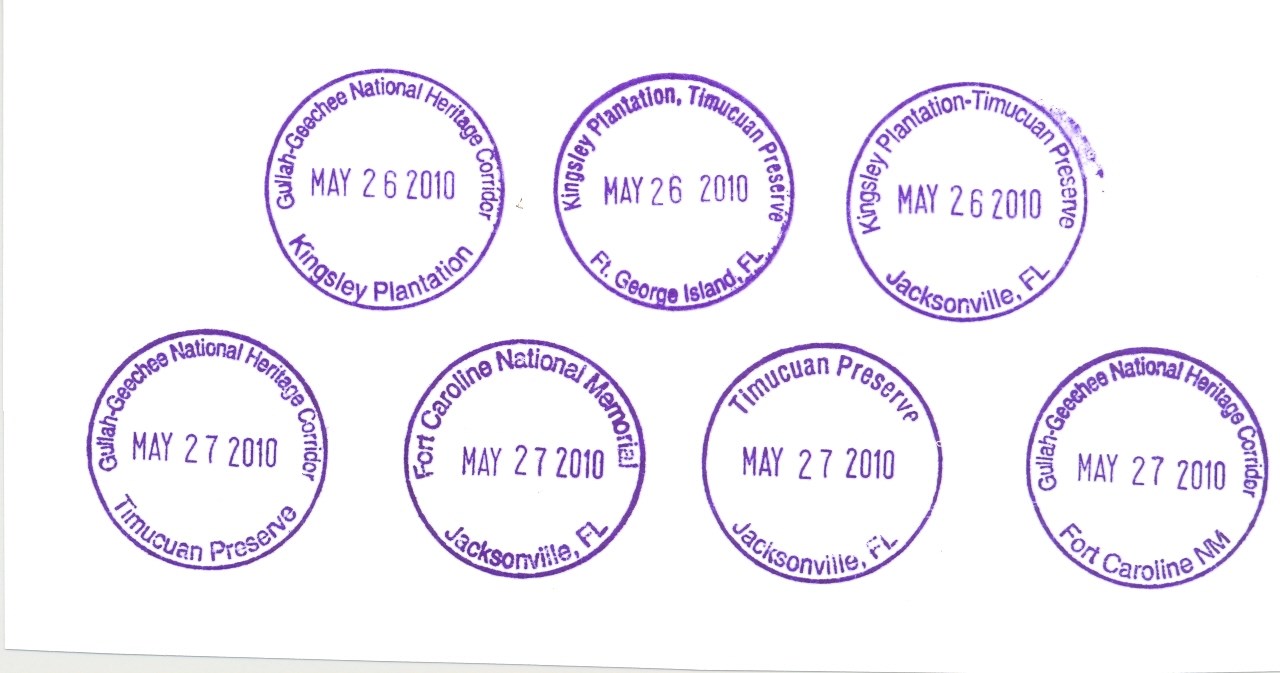 two rows of purple cancellation stamps with different park site names in each for 7 stamps in total