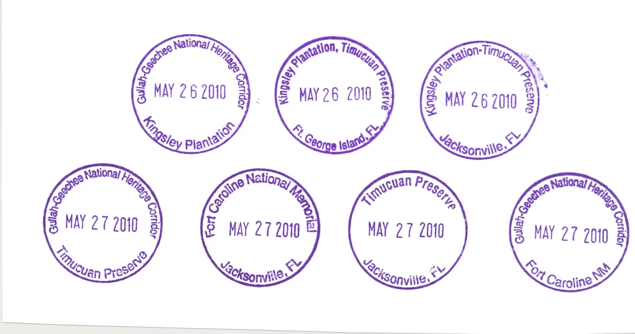 two rows of purple cancellation stamps with different park site names in each for 7 stamps in total