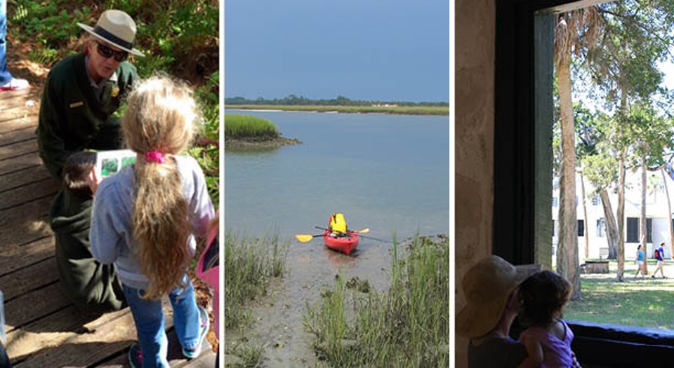 photos of ranger guided hike, kayaks, and family enjoying historic site