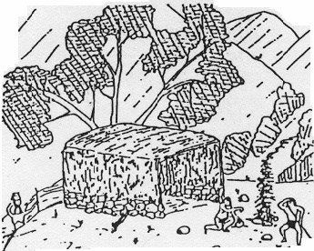 Black and white drawing of single room field house.