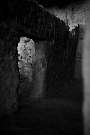 Black and white photo of a doorway in the Lower Cliff Dwelling.
