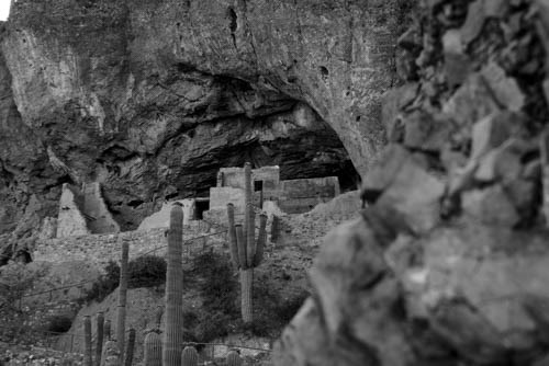 Modern black and white photo of the Lower Cliff Dwelling.